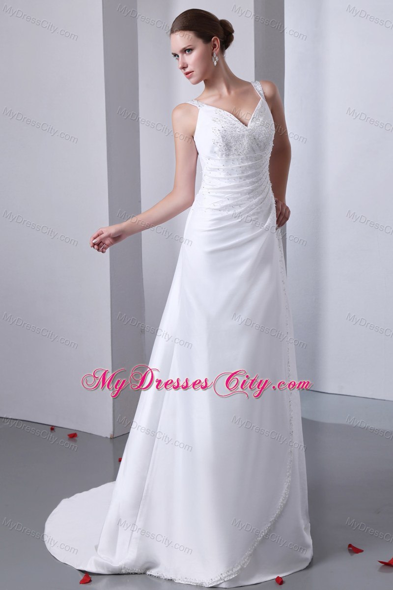 Elegant Straps Satin Ruches and Beading Wedding Dress 2013