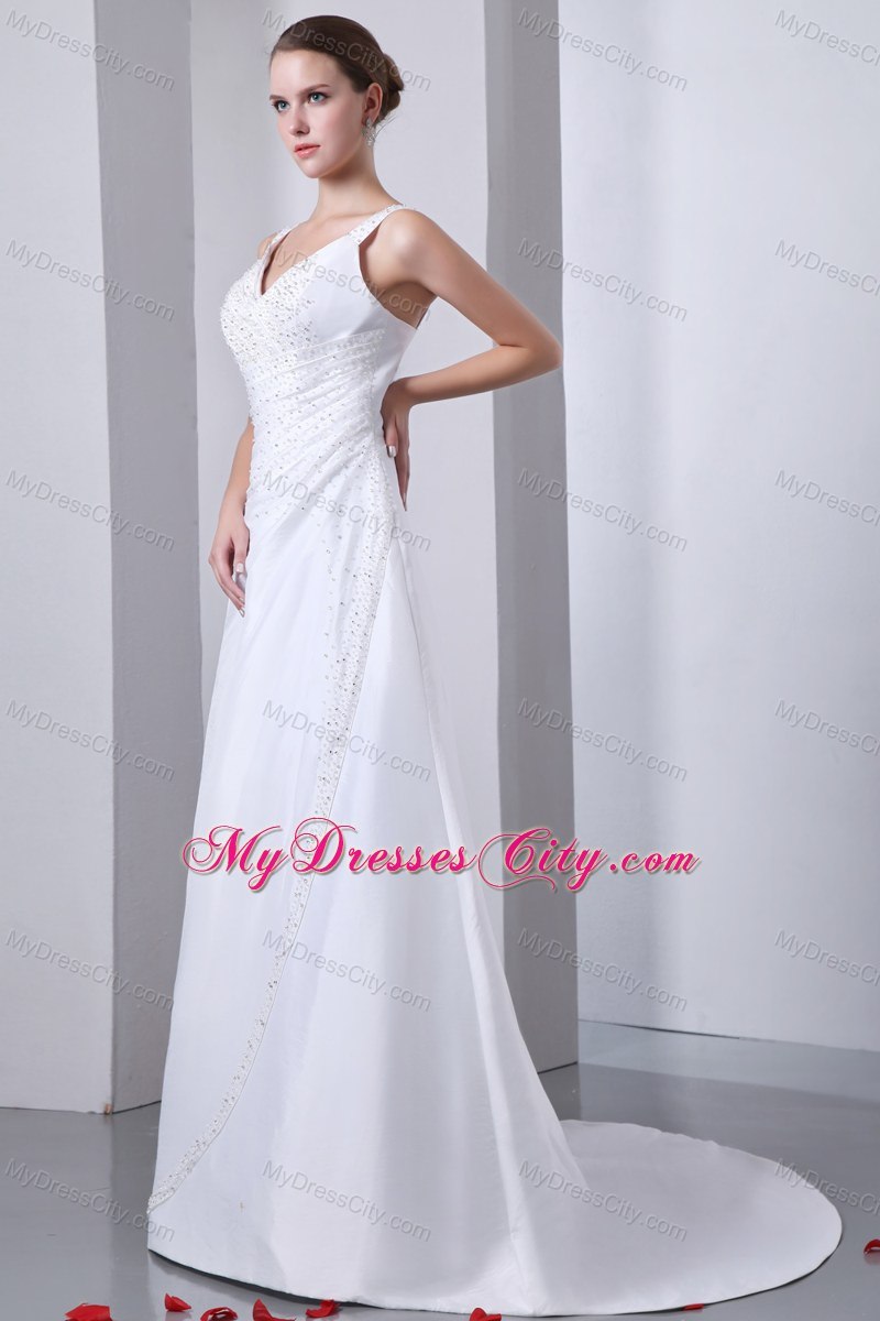 Elegant Straps Satin Ruches and Beading Wedding Dress 2013