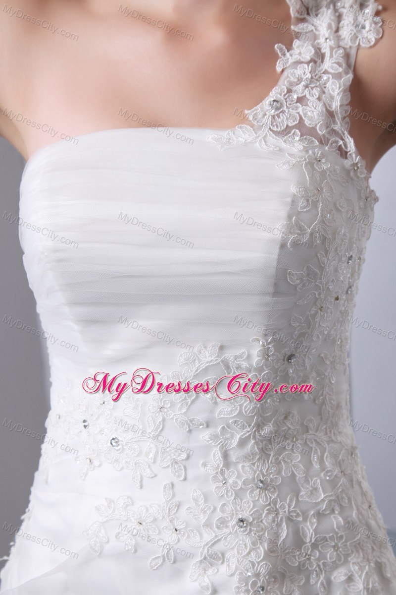 2013 One Shoulder Lace Wedding Dress with Chapel Train Organza