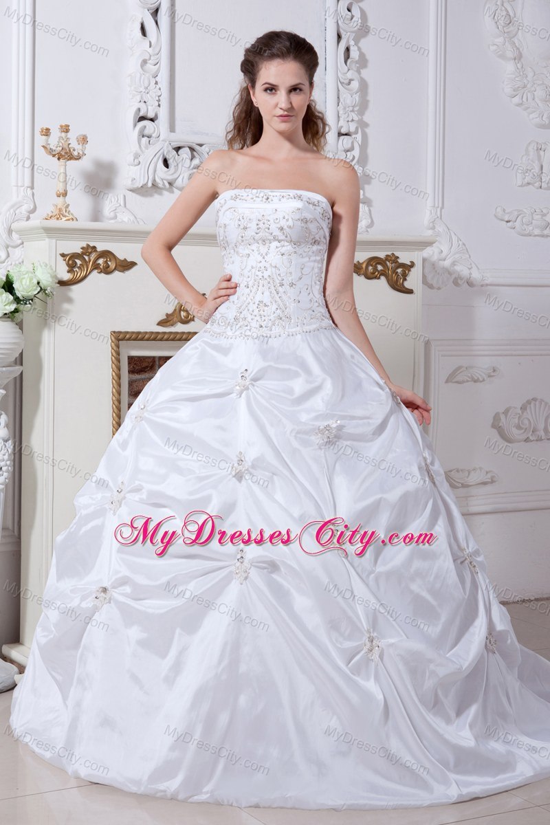 2013 Beautiful Taffeta Embroidery Wedding Dress with Pick-ups