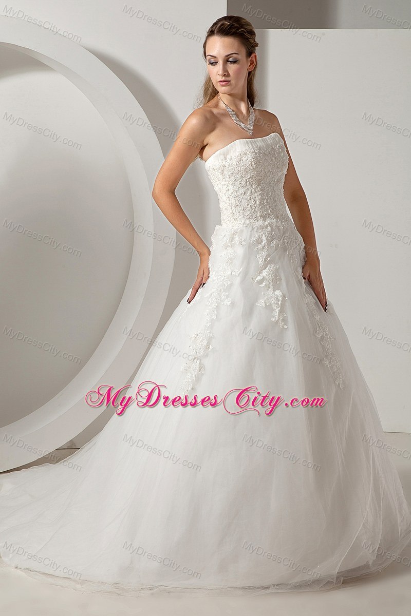 Modest Strapless Court Train Wedding Dress with Tulle Lace