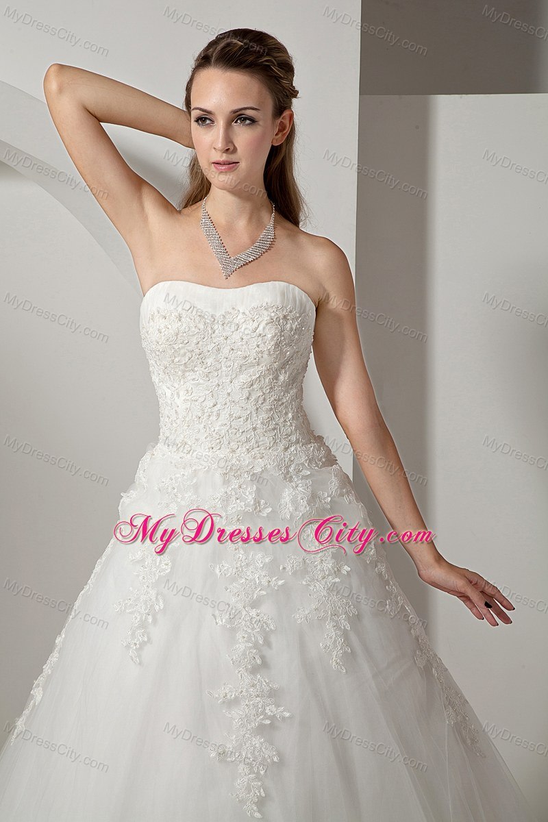 Modest Strapless Court Train Wedding Dress with Tulle Lace