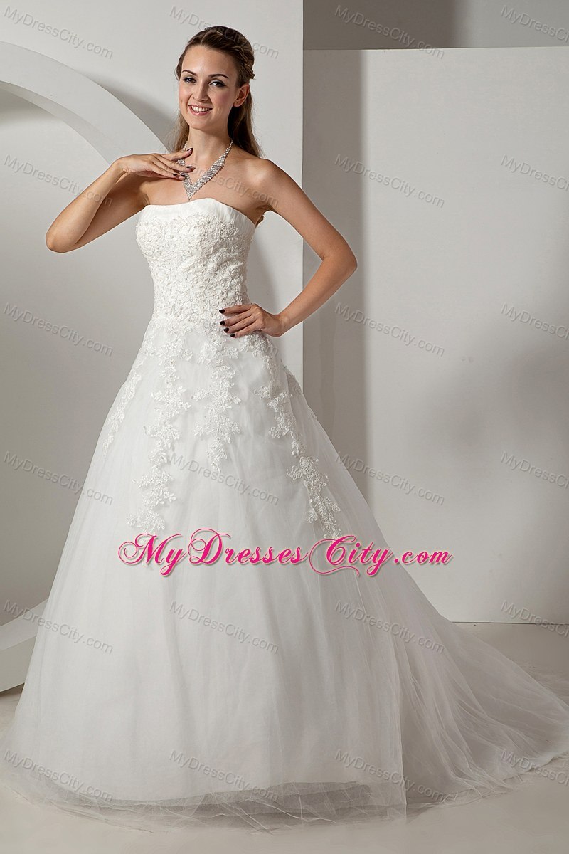 Modest Strapless Court Train Wedding Dress with Tulle Lace