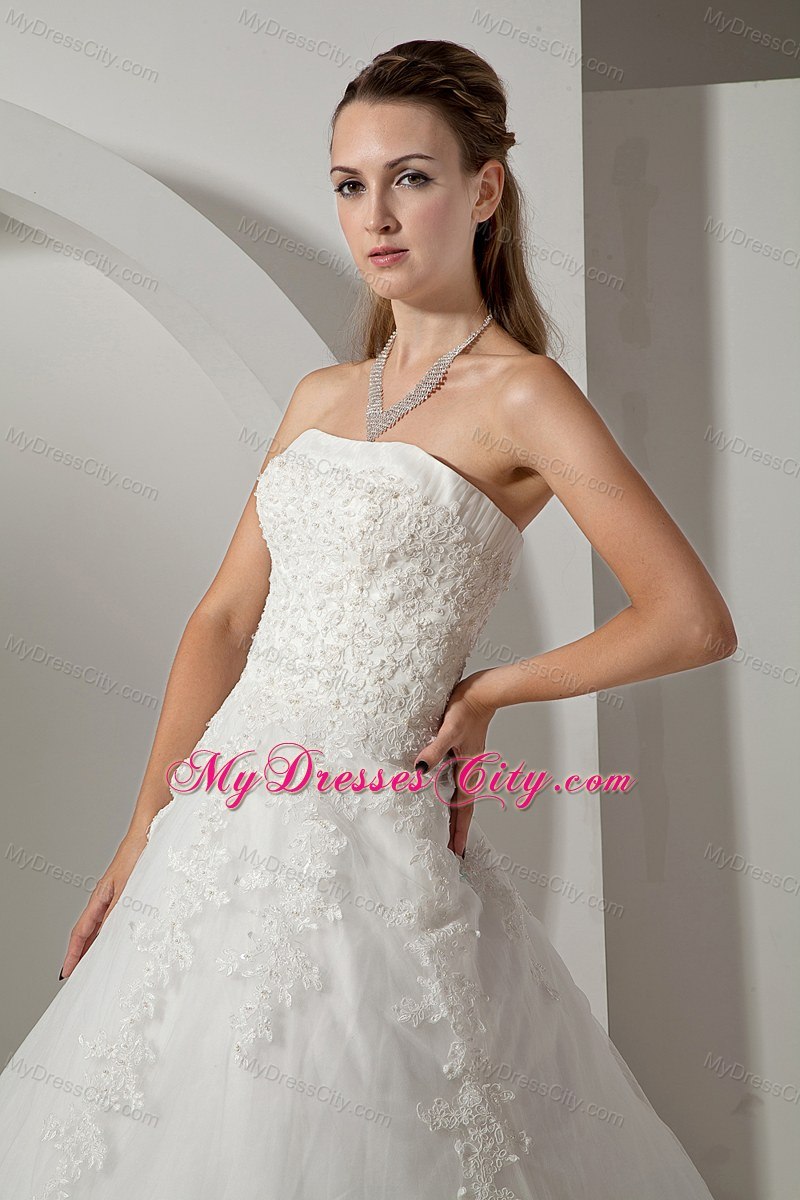 Modest Strapless Court Train Wedding Dress with Tulle Lace