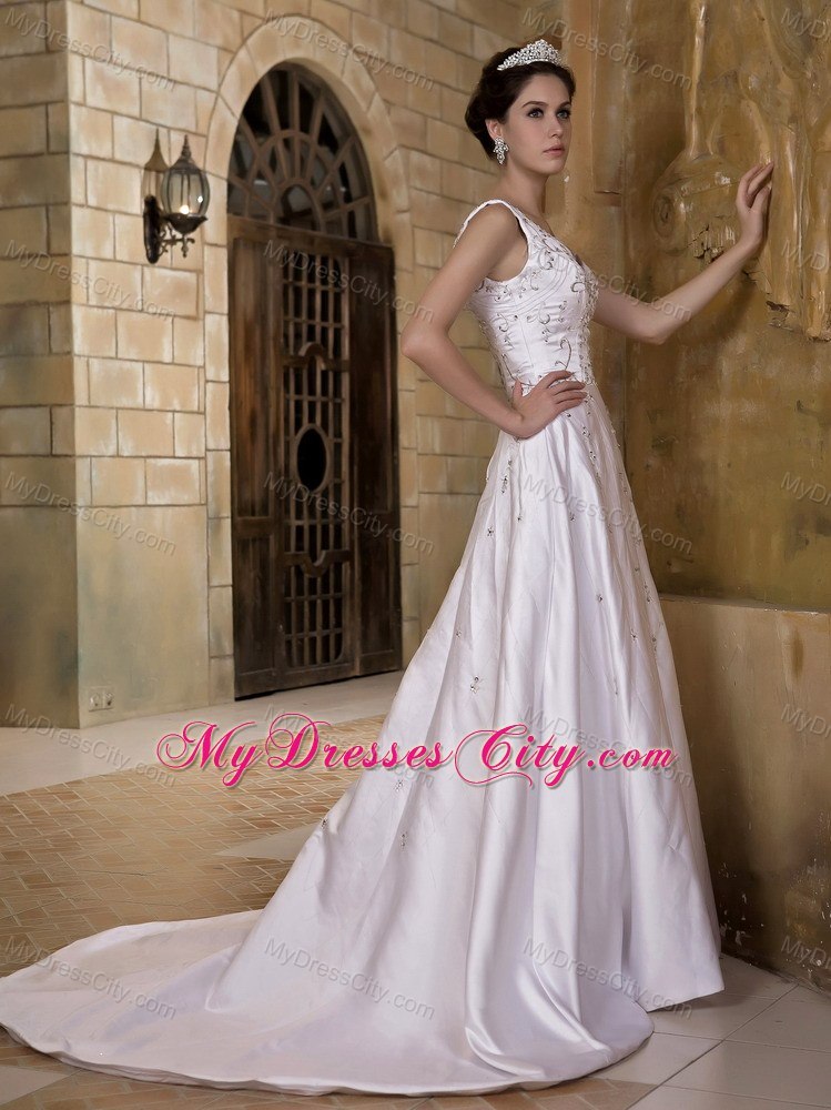 Luxurious A-line V-neck Taffeta Beading Wedding Dress for 2013