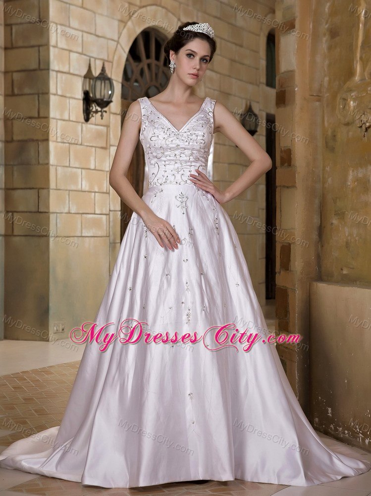 Luxurious A-line V-neck Taffeta Beading Wedding Dress for 2013