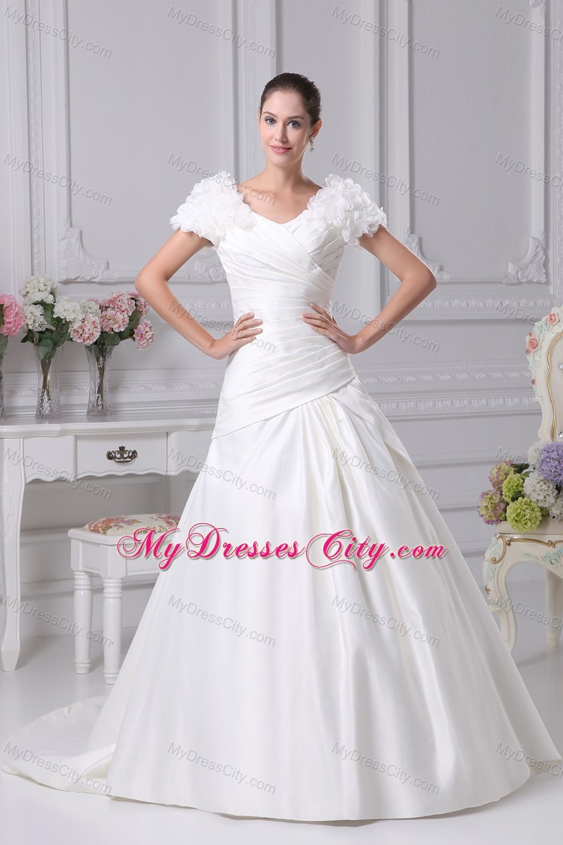 V-Neck Short Sleeves Ruches Bridal Dresses for Garden Wedding