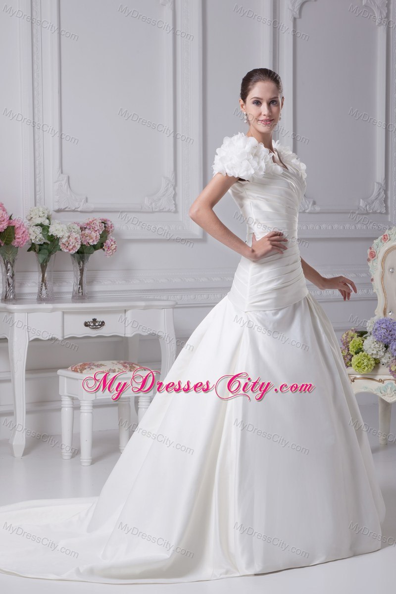 V-Neck Short Sleeves Ruches Bridal Dresses for Garden Wedding