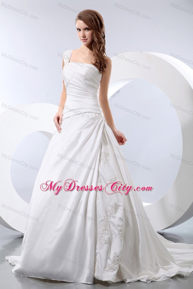 One Shoulder Taffeta Appliques and Ruches Wedding Dress