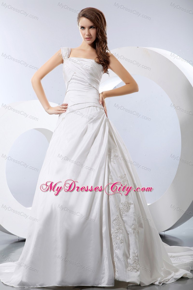 One Shoulder Taffeta Appliques and Ruches Wedding Dress