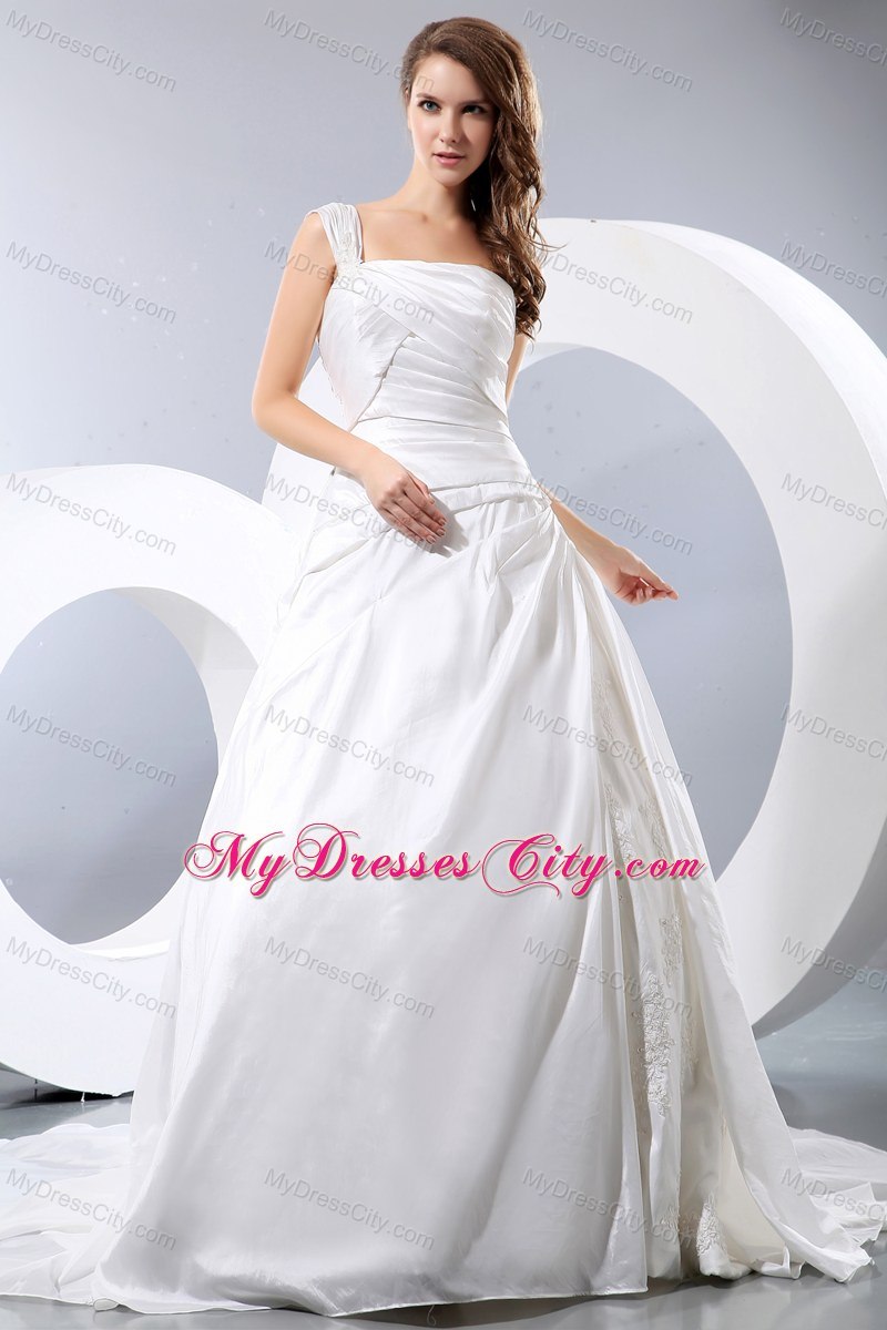 One Shoulder Taffeta Appliques and Ruches Wedding Dress