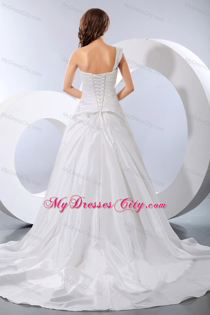 One Shoulder Taffeta Appliques and Ruches Wedding Dress