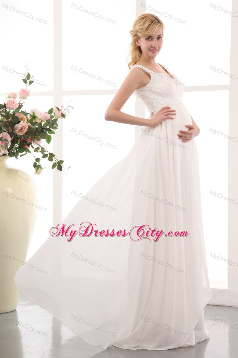 Beautiful Straps Maternity Bridal Dresses with Floor Length Chiffon Beading