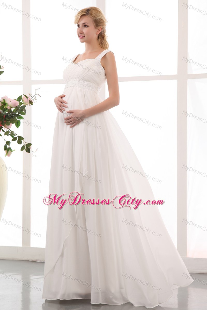 Beautiful Straps Maternity Bridal Dresses with Floor Length Chiffon Beading