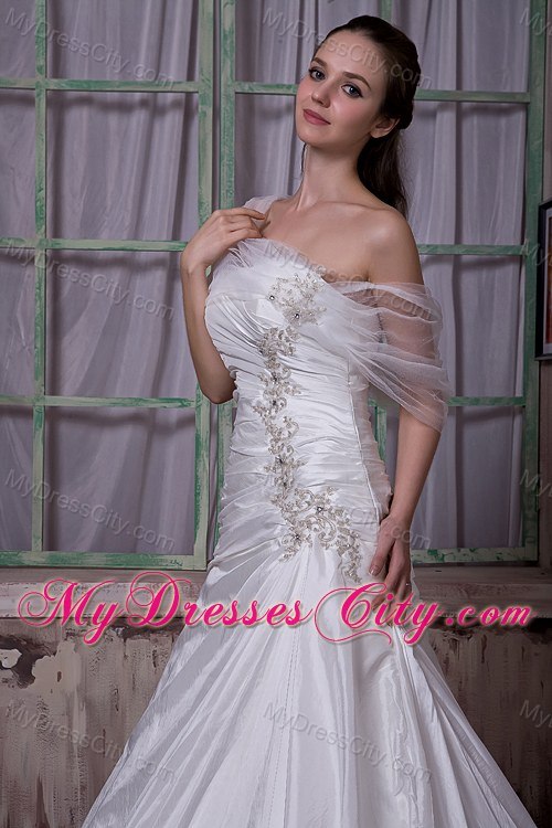 A-line Asymmetrical Court Train Wedding Gown with Appliques
