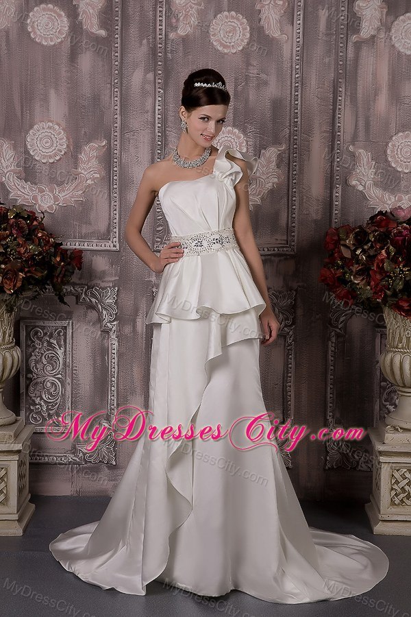 One Shoulder Waist-defining Peplums Beading 2013 Wedding Dress