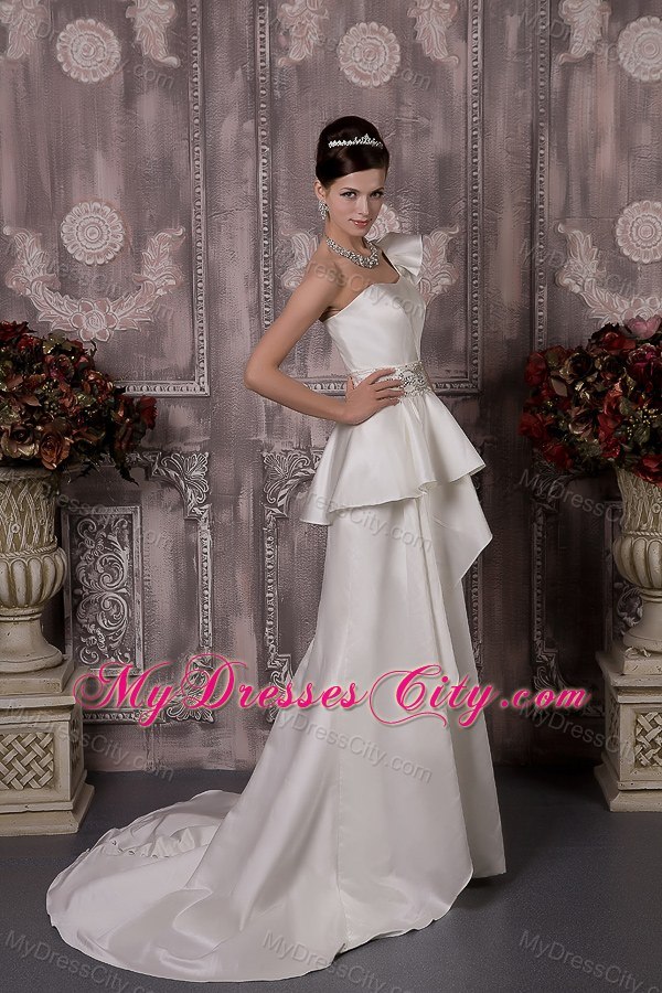 One Shoulder Waist-defining Peplums Beading 2013 Wedding Dress
