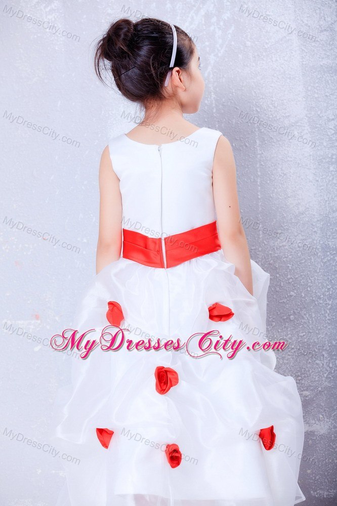 Hand Made Flower White and Red Flower Girl Dress in Scoop