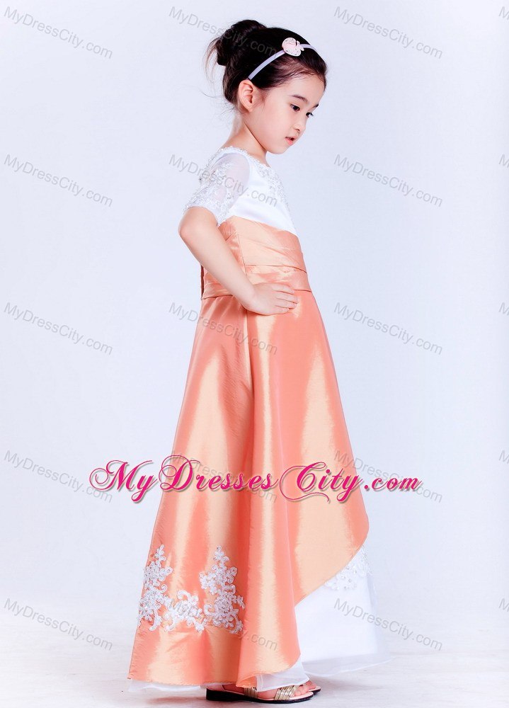 White and Orange A-line Scoop Flower Girl Dress with Appliques