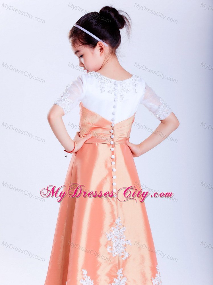 White and Orange A-line Scoop Flower Girl Dress with Appliques