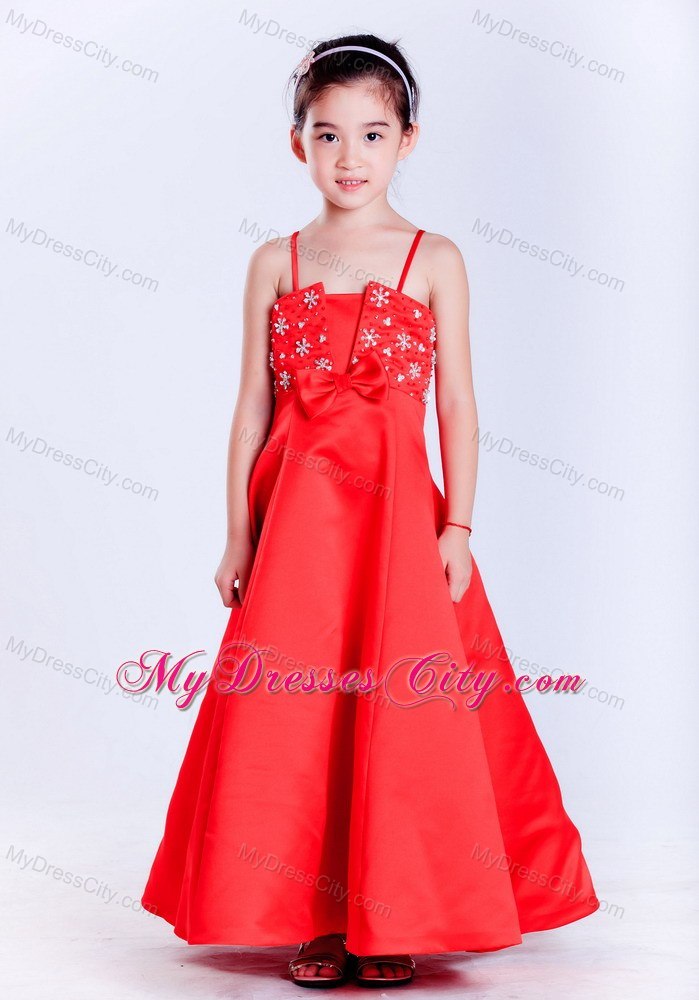 Taffeta Red A-line Straps Ankle-length Beaded Flower Girl Dress