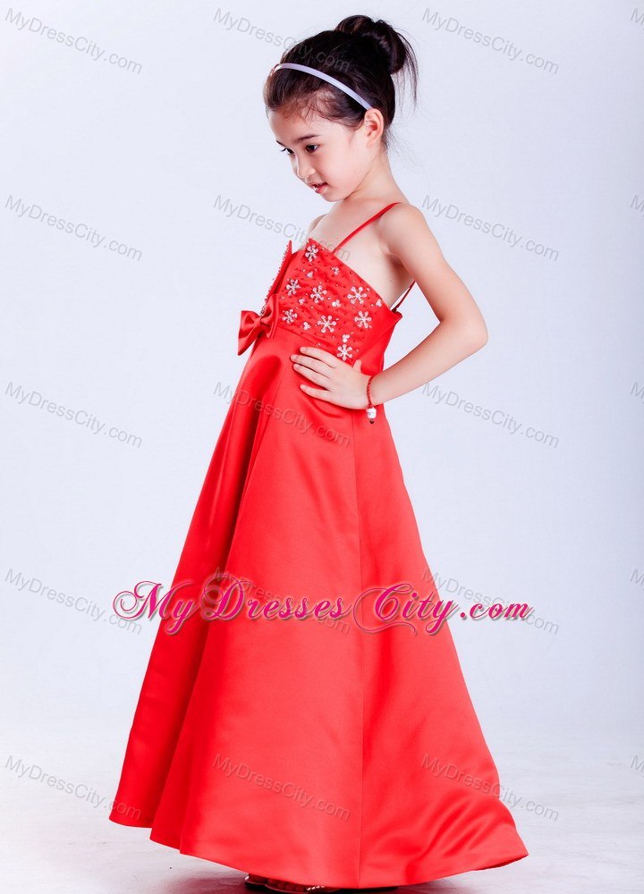Taffeta Red A-line Straps Ankle-length Beaded Flower Girl Dress