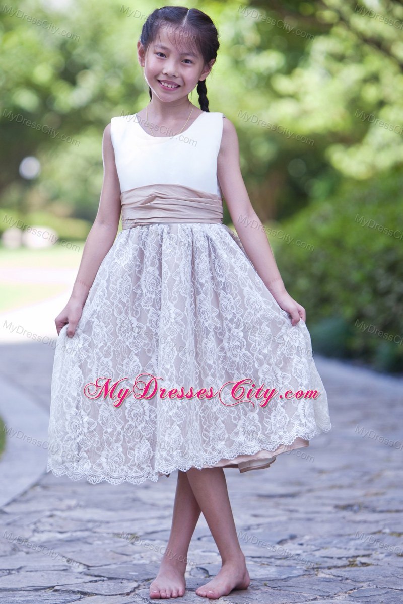 White and Champagne Scoop Lace Flower Girl Dress with Back Bow