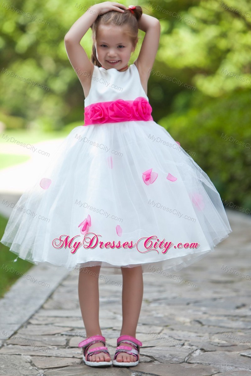 Handle Flowers White Scoop Flower Girl Dress with Sash under 100
