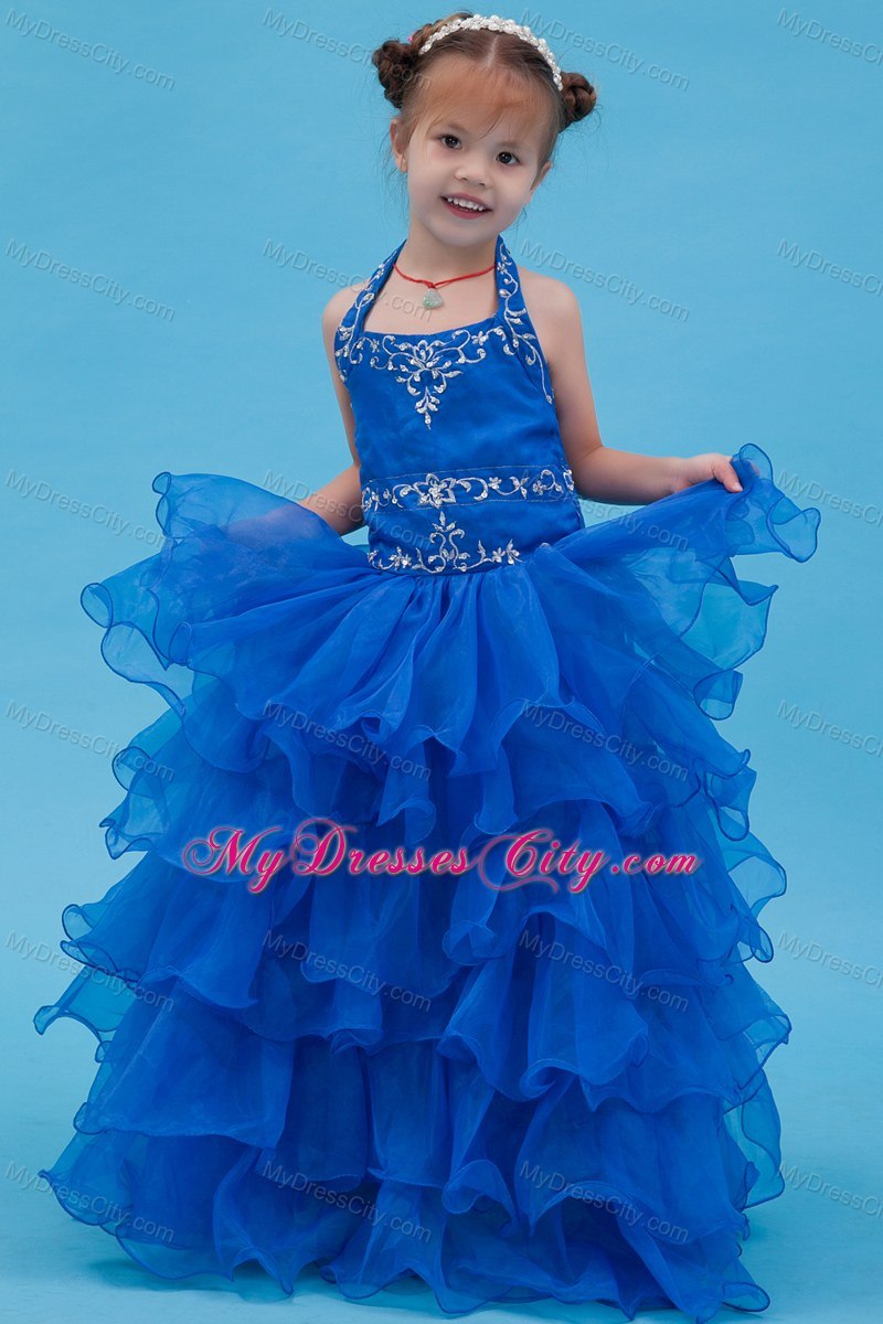 Blue Organza Ruffled Halter Girls Party Dress with Appliques