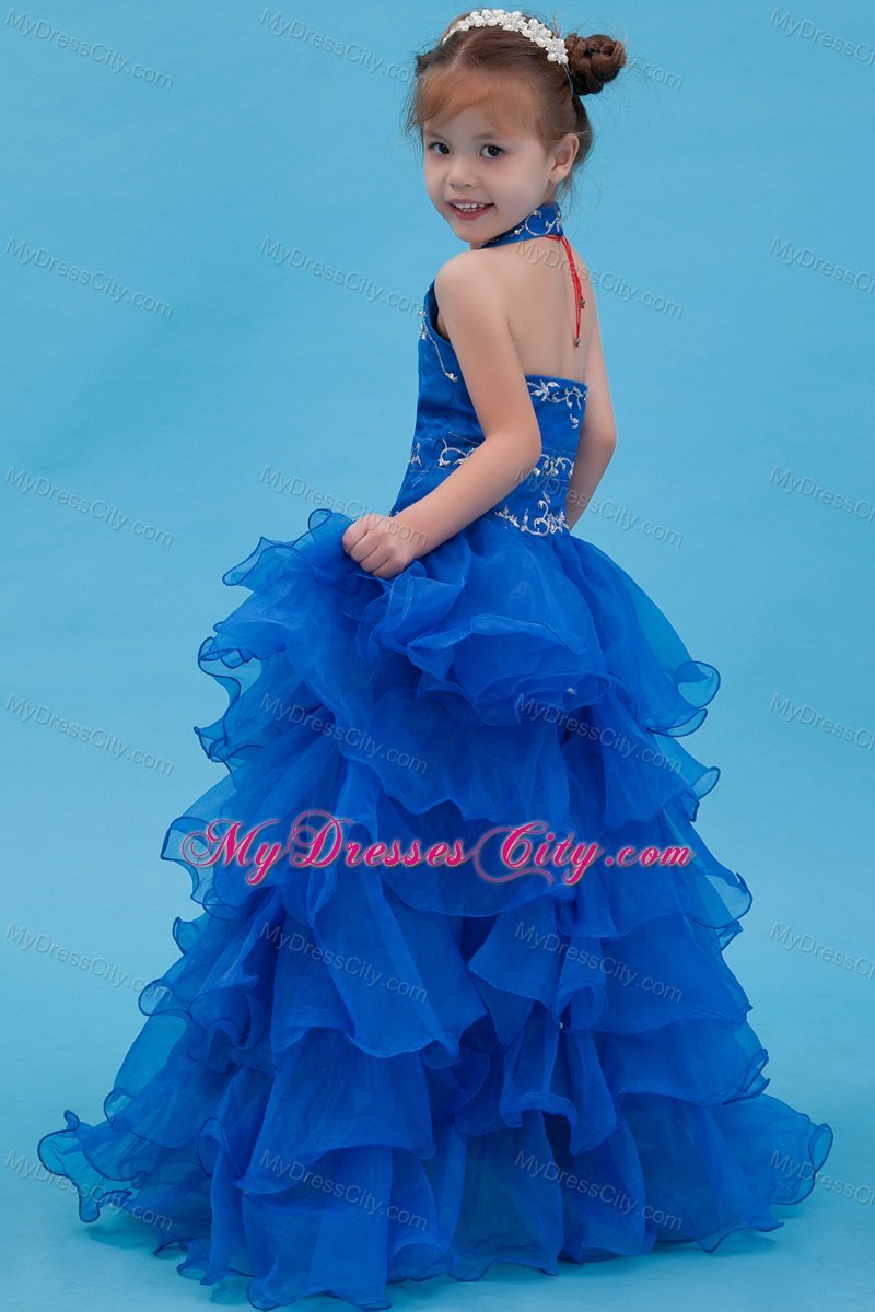 Blue Organza Ruffled Halter Girls Party Dress with Appliques