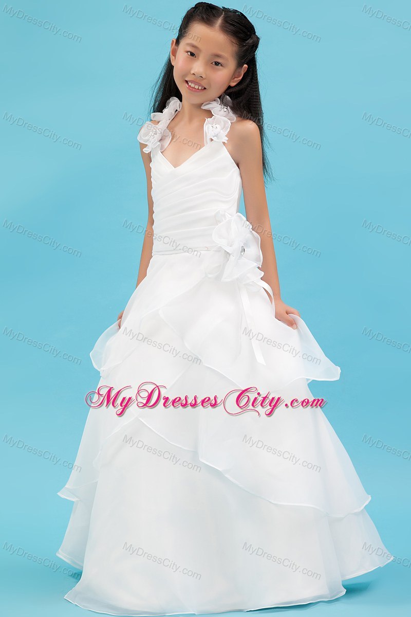 White Halter A-line Organza Ruch Flower Girl Dress with Layers