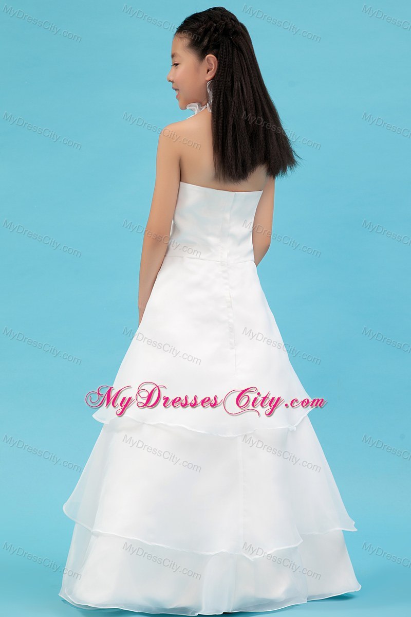 White Halter A-line Organza Ruch Flower Girl Dress with Layers