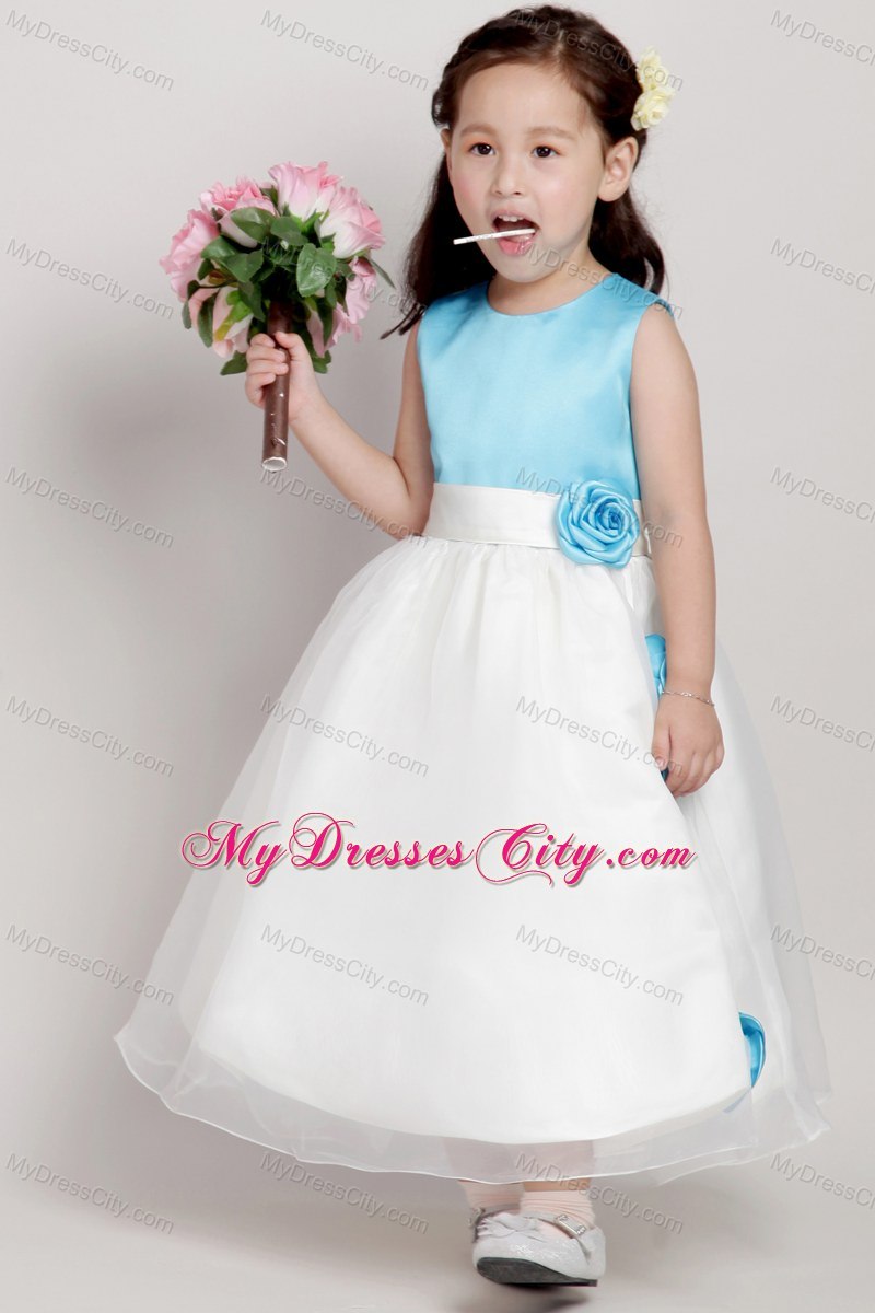 White and Blue Scoop Ankle-length Girls Party Dress with Flowers
