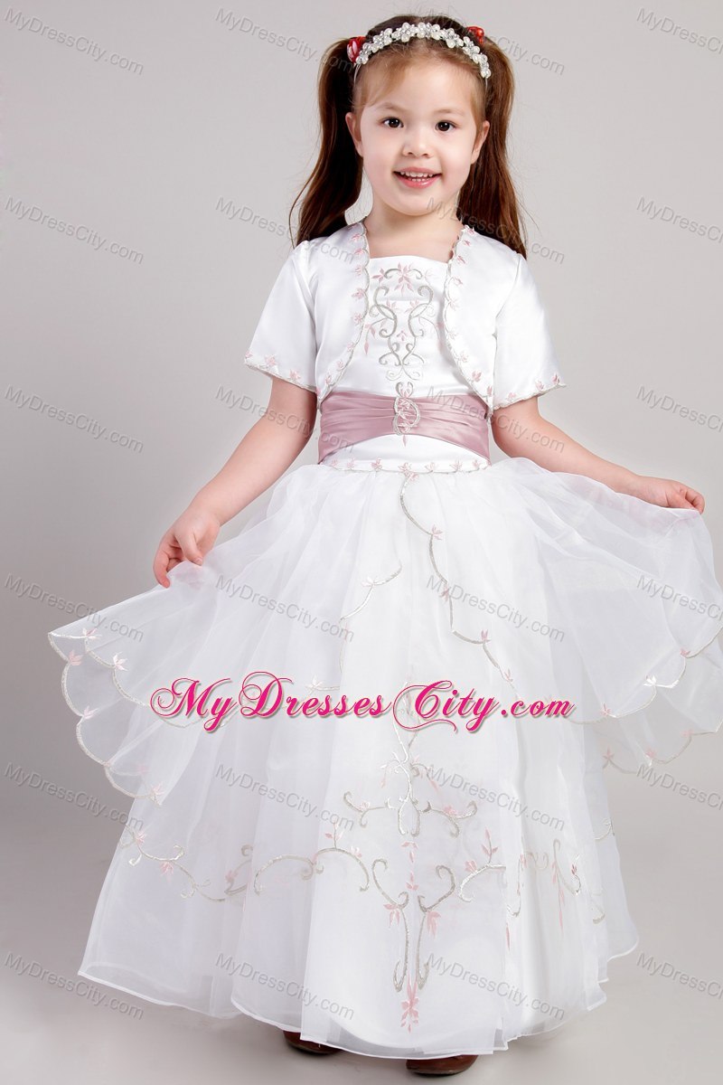 White Aline Anklelength Embroidery Flower Girl Dress in Square