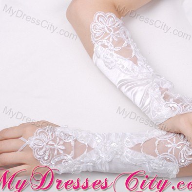 Fabulous Satin Fingerless Elbow Length Bridal Gloves With Appliques