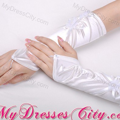 Attractive Satin Fingerless Elbow Length Bridal Gloves With Hand Made Flower