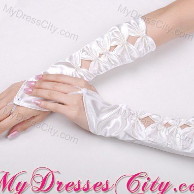 Unique Satin Fingerless Elbow Length Bridal Gloves With Butterfly-Shaped Flowers