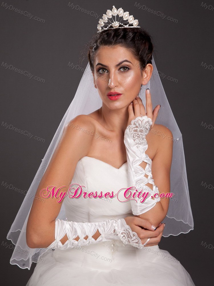Gorgeous Satin Elbow Length Appliques Fingerless Bridal Gloves