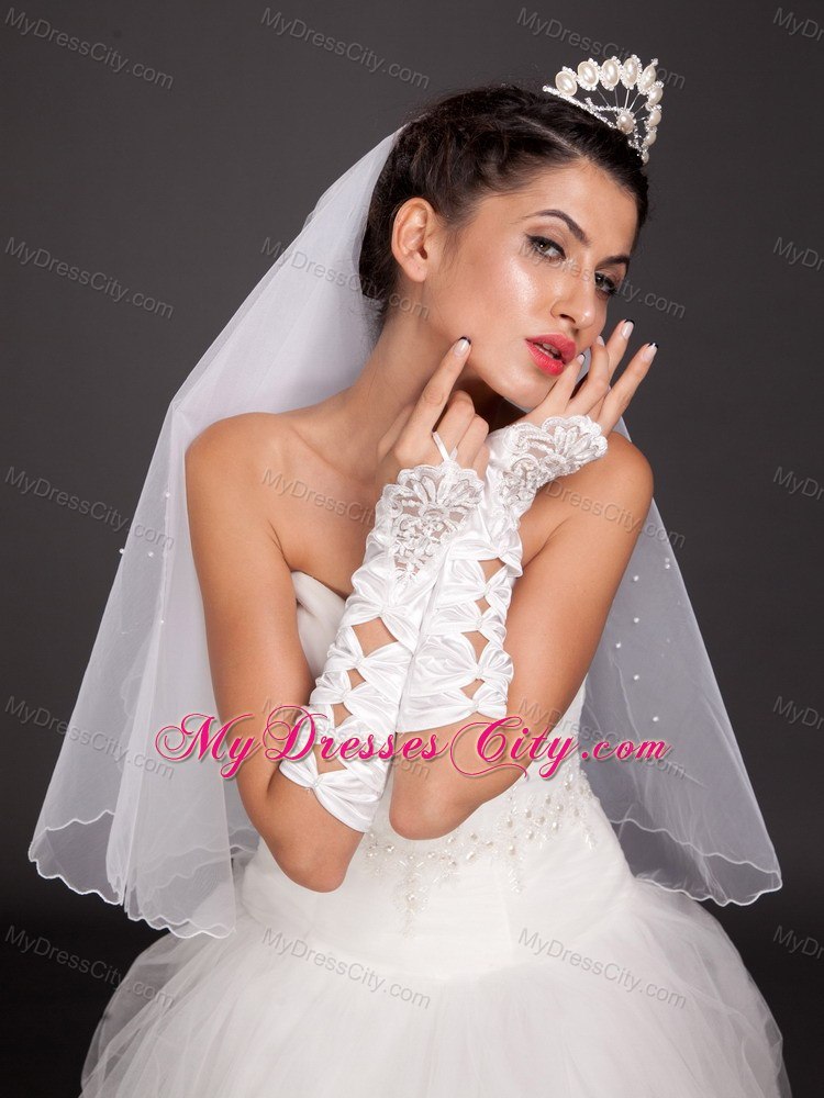 Gorgeous Satin Elbow Length Appliques Fingerless Bridal Gloves