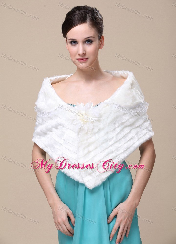Faux Fur Special Occasion / Wedding Shawl With Hand Made Flower Front