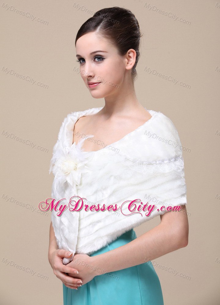 Faux Fur Special Occasion / Wedding Shawl With Hand Made Flower Front