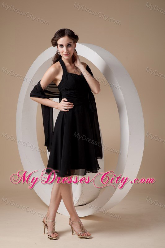Halter Top Dresses For Bridesmaid in Black with Ruched Bowknot