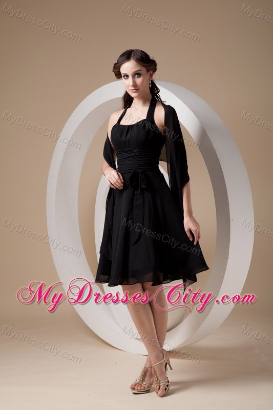 Halter Top Dresses For Bridesmaid in Black with Ruched Bowknot