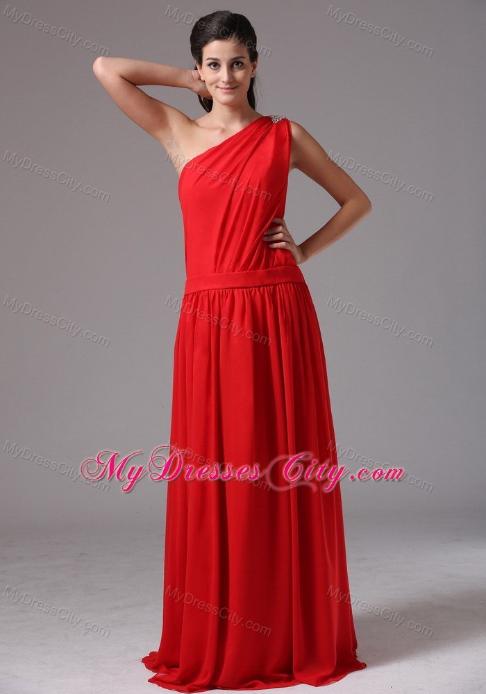 One Shoulder Beaded Simple Red Floor-length Junior Bridesmaid Dress