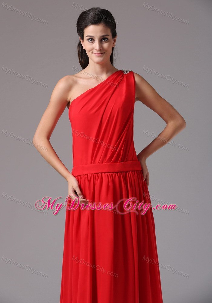 One Shoulder Beaded Simple Red Floor-length Junior Bridesmaid Dress