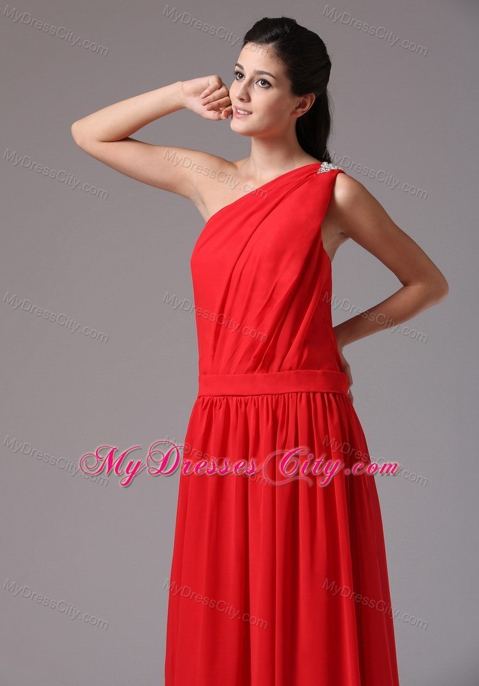 One Shoulder Beaded Simple Red Floor-length Junior Bridesmaid Dress