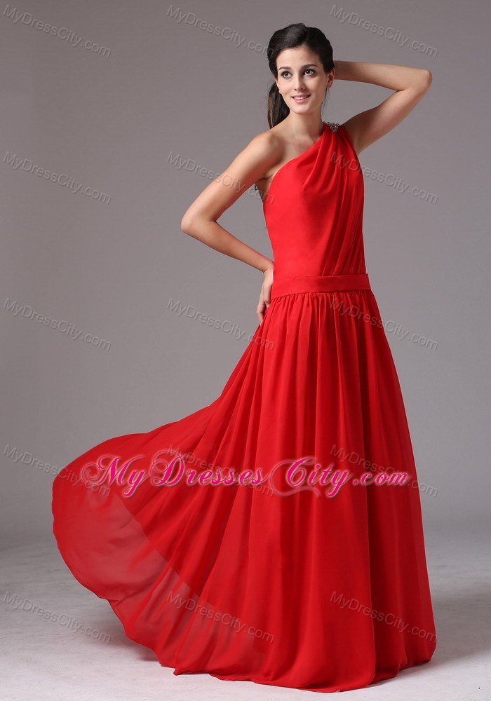 One Shoulder Beaded Simple Red Floor-length Junior Bridesmaid Dress