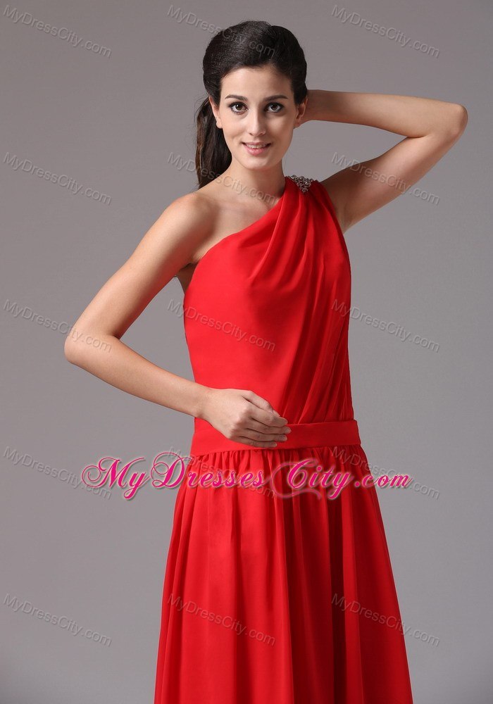 One Shoulder Beaded Simple Red Floor-length Junior Bridesmaid Dress