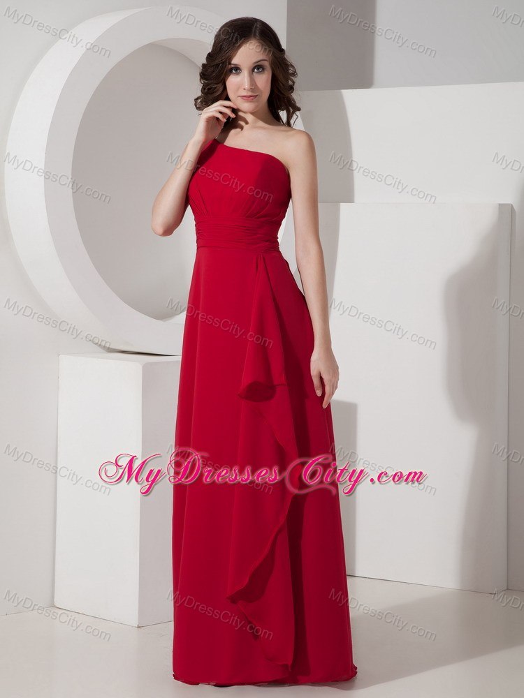 One Shoulder Red Empire Floor-length Chiffon Belt Bridesmaid Dress