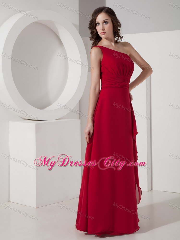 One Shoulder Red Empire Floor-length Chiffon Belt Bridesmaid Dress